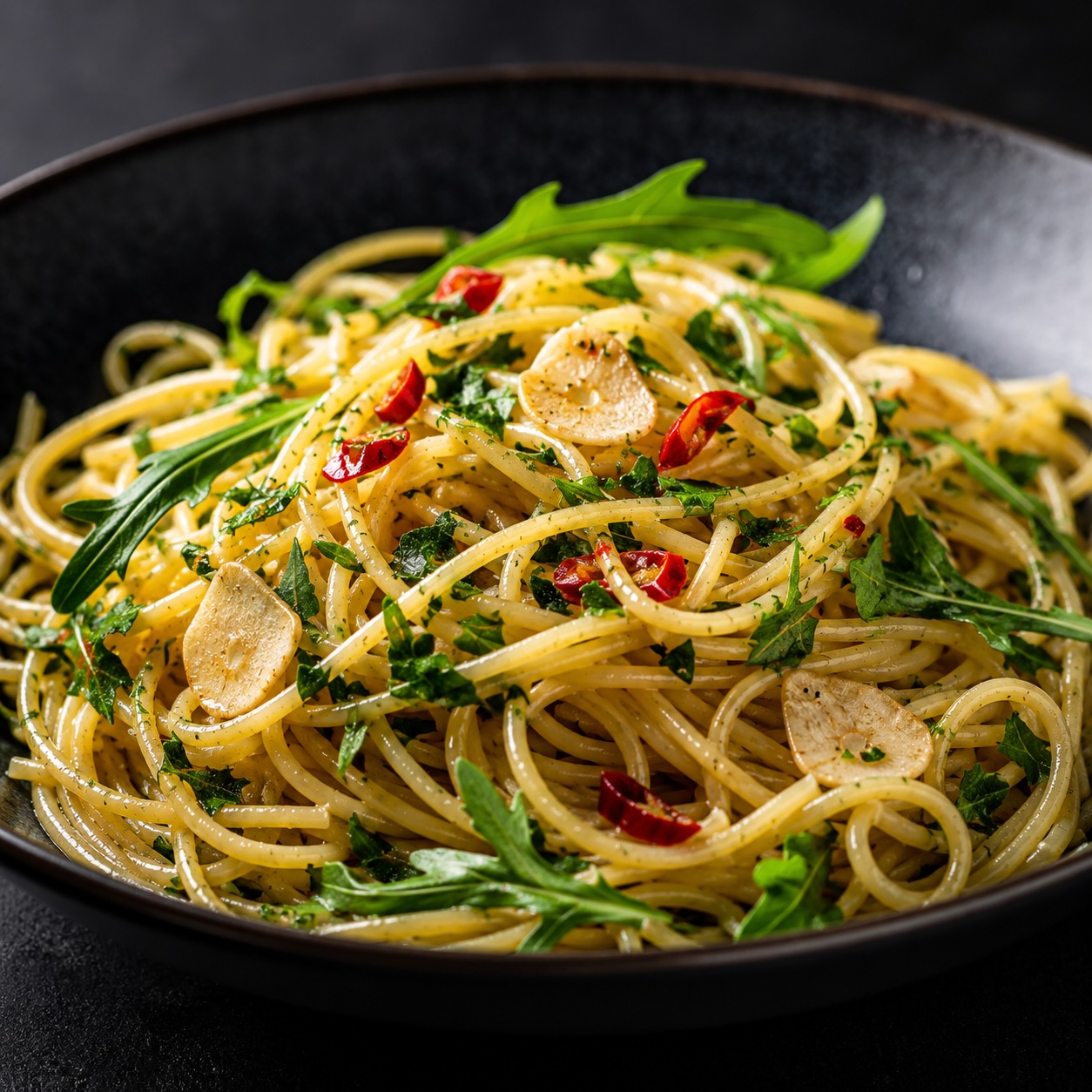 Spaghetti aglio e olio mit Knoblauch, Chili, Petersilie und Rucola